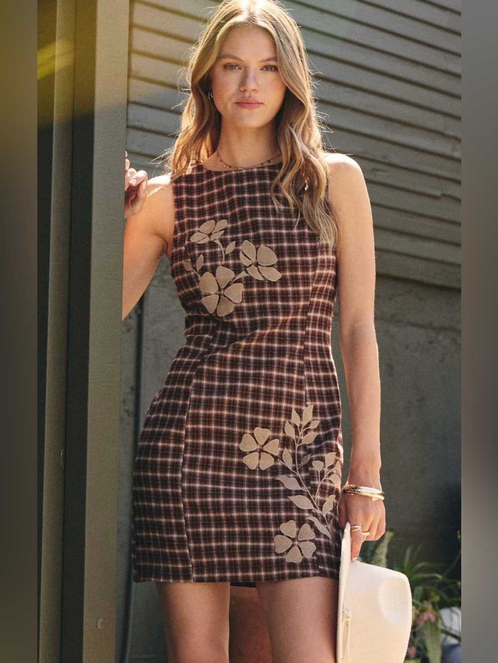 Countryside Embroidered Plaid Fitted Mini Dress
